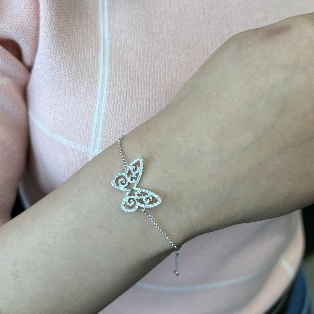 Rachel Koen Simple Diamond Butterfly Chain Bracelet 18K White Gold 0.46cttw